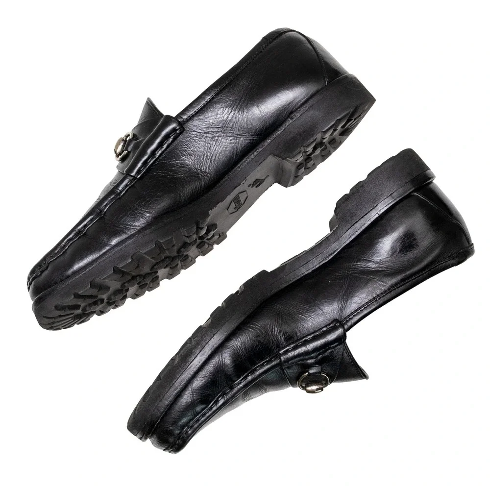 Vntg Gucci Black Leather Horsebit Loafers Vibram Gumlite Lug Sole Mens 10